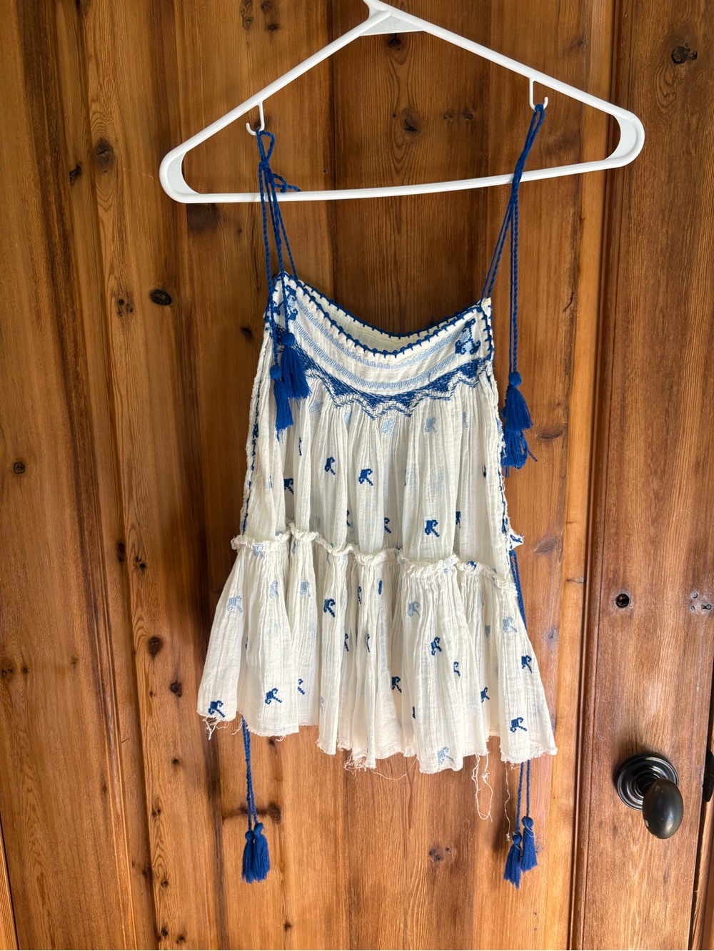 Free People Ivory Camisole with Blue Embroidery and Tassels